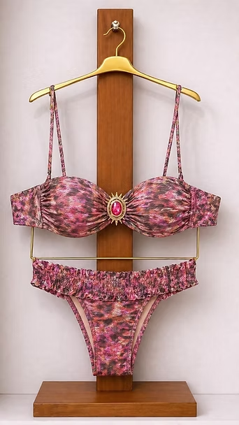 Bikini rosa estampado en una percha, expuesto sobre un soporte de madera.