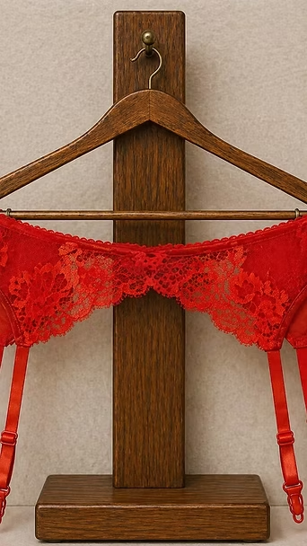Lencería de encaje rojo colgada en un soporte de madera contra una pared beige.