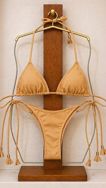 Prenda de estilo bikini color canela expuesta sobre un soporte de madera sobre un fondo blanco.