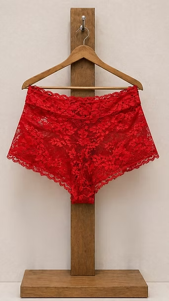 Pantalones cortos rojos de encaje colgados en una percha de madera contra una pared lisa.