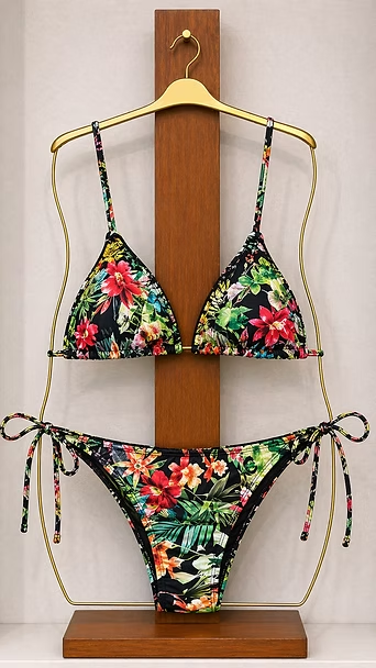 Bikini con estampado floral en una percha de madera contra un tablero de madera.