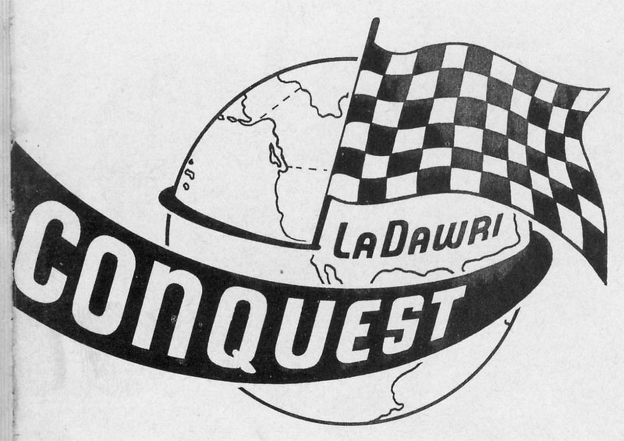 A black and white logo for conquest la dawai