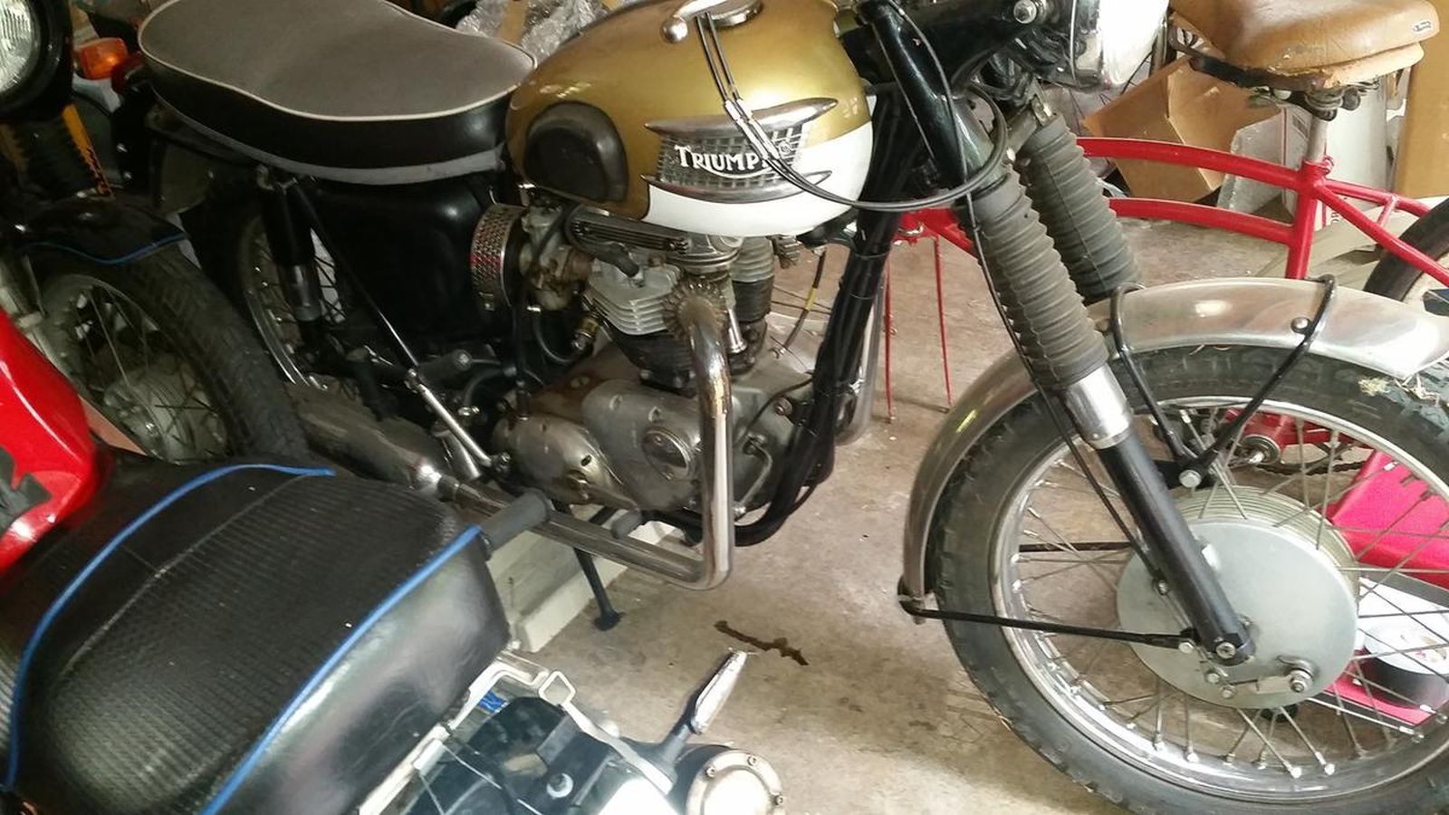 A triumph motorcycle is parked in a garage