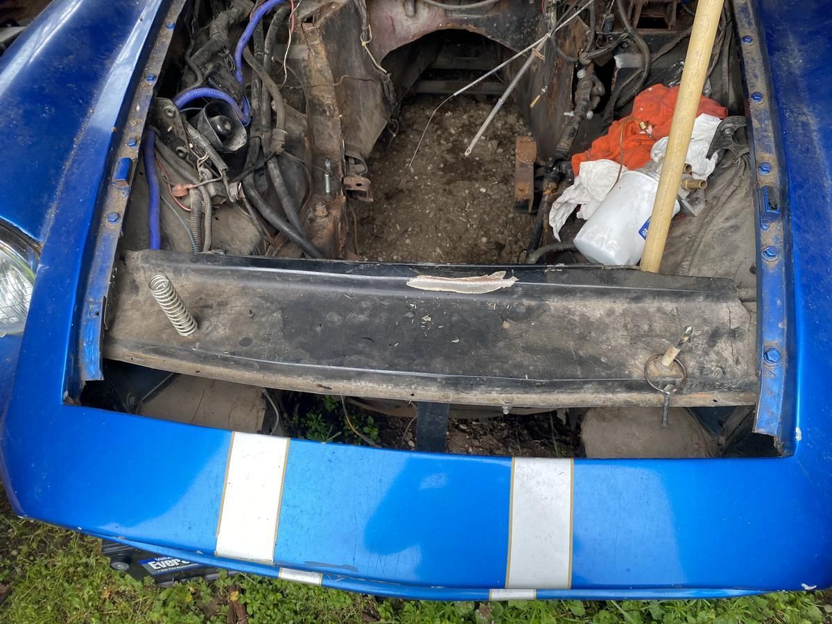 The hood of a blue car is open and the engine is visible.