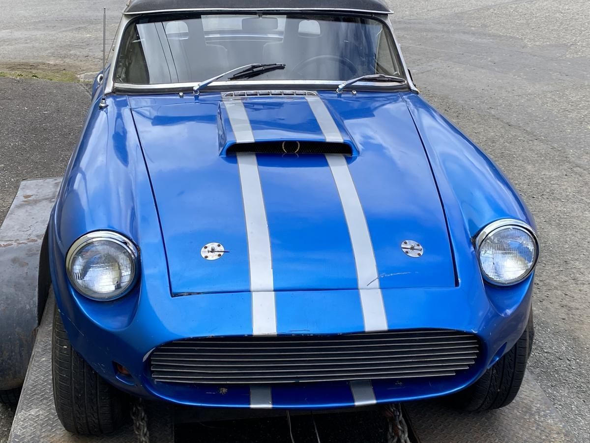 A blue car with white stripes on the hood