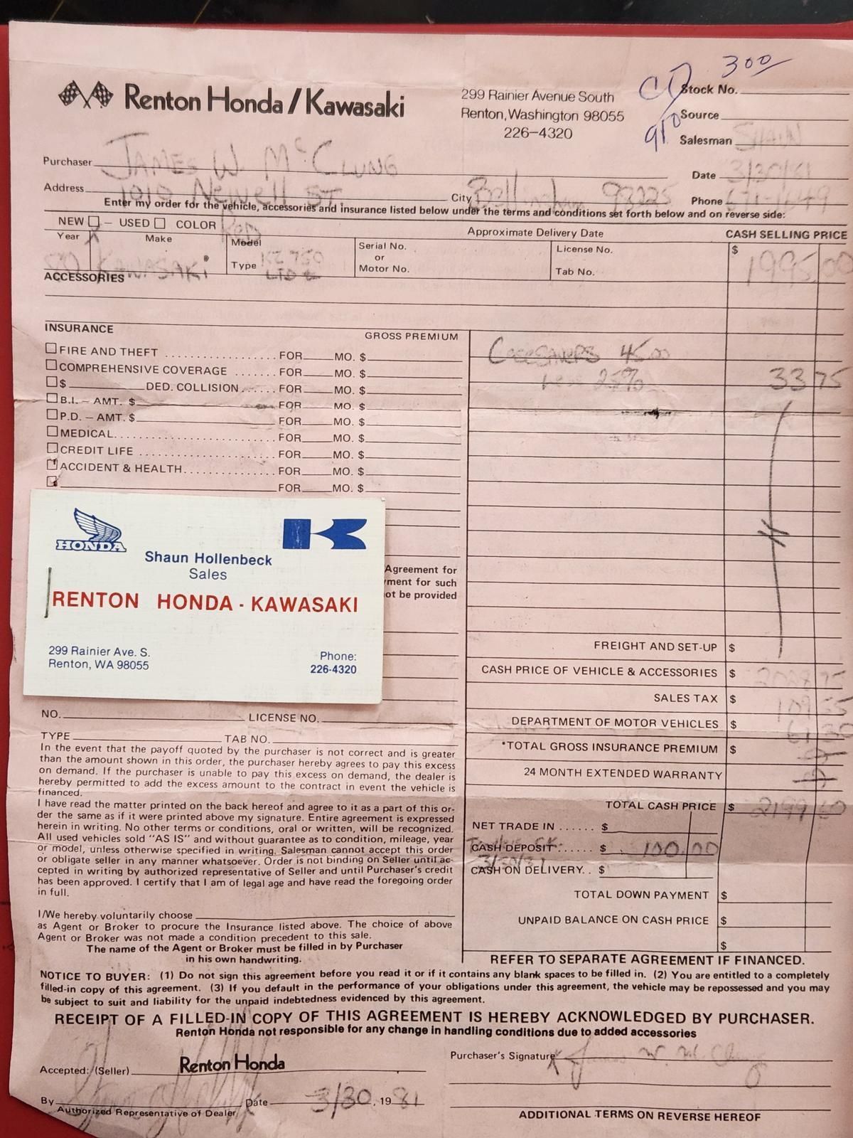 A piece of paper that says penton kawasaki on it