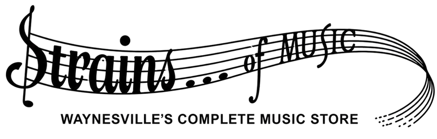 Logo for Strains of Music, a Wayneville's complete music store, in black script with a staff design