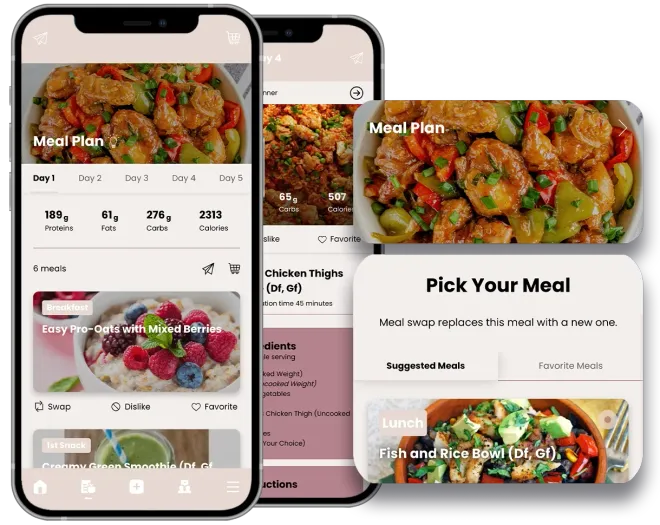 Mobile meal-planning app screens with colorful food photos and “Pick Your Meal” card layout
