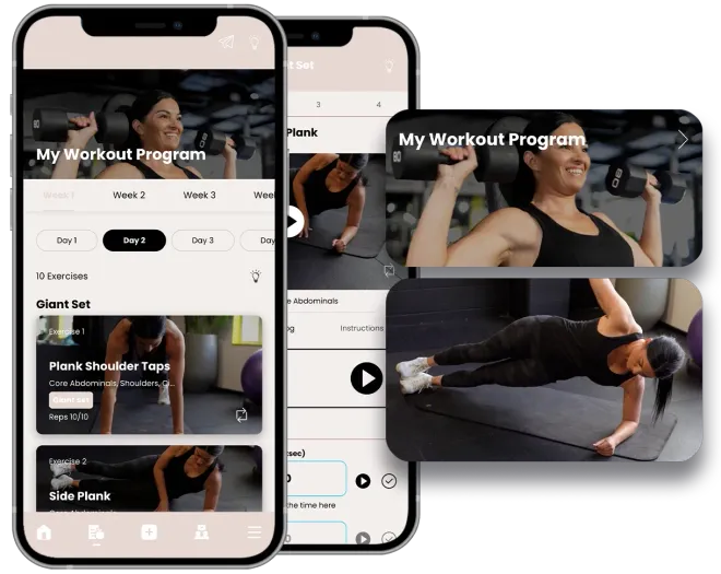 Fitness app screens showing a workout program with exercise photos on smartphones
