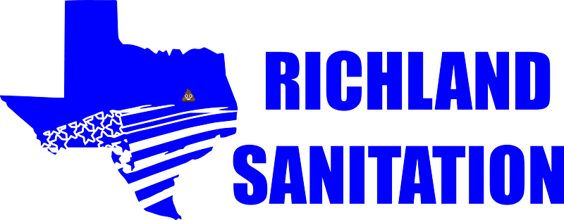 Richland Sanitation logo with blue Illinois silhouette and striped trash truck icon