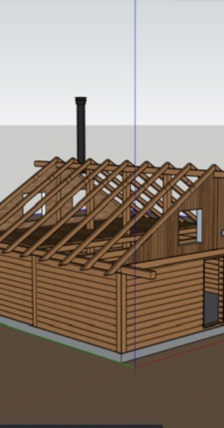 Rendu 3D d'une cabane en bois en construction, avec charpente et cheminée, sur fond gris.