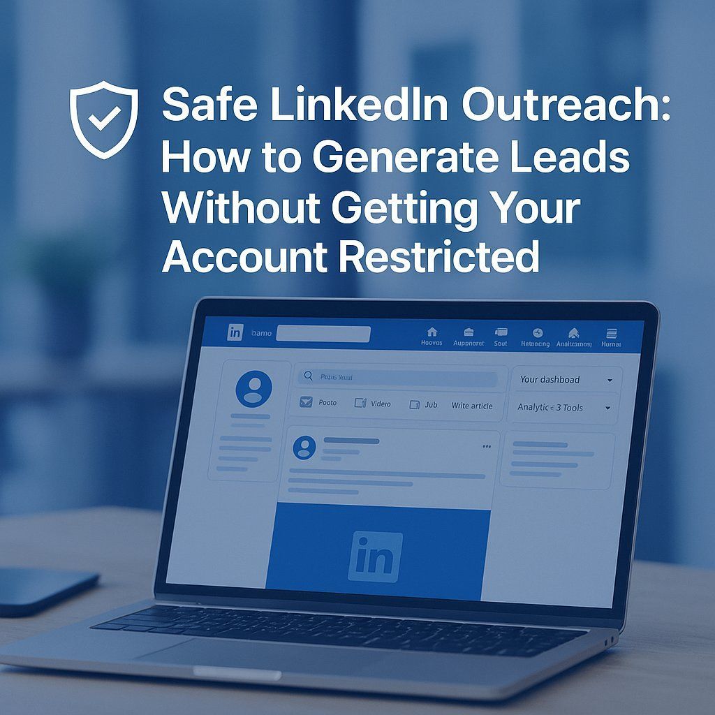 Laptop screen showing LinkedIn page, with text: Safe LinkedIn Outreach: Generate Leads.