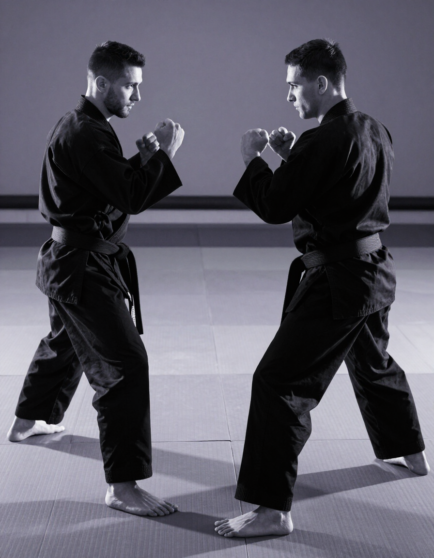 Praticantes de Krav Maga em posição de defesa pessoal