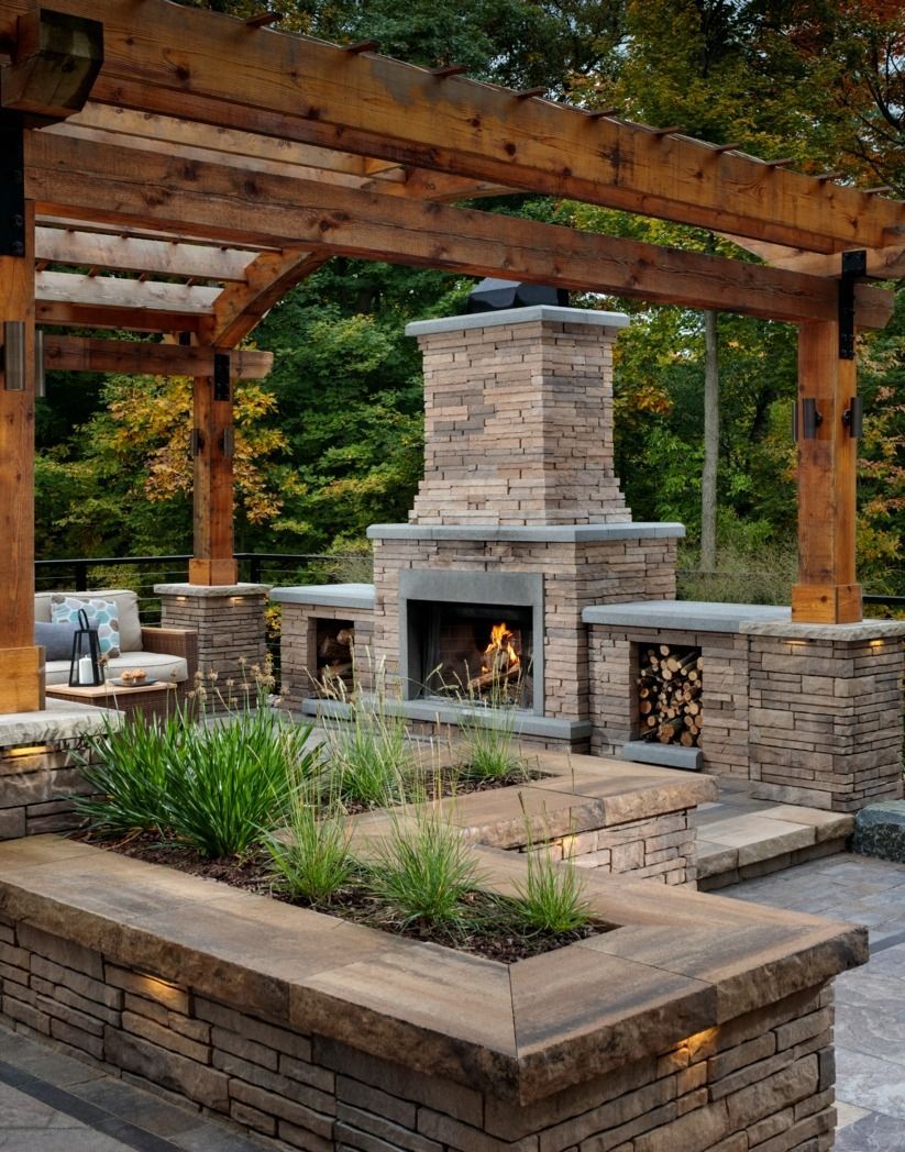 Stone outdoor fireplace under a wooden pergola, with built-in seating and landscaped planters.