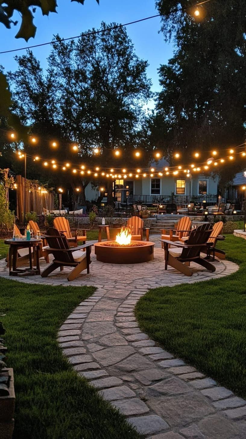 String-lit outdoor patio with fire pit, chairs, and stone path at dusk