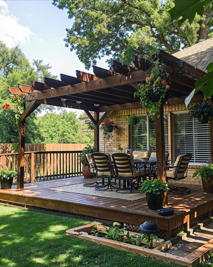 Wooden backyard deck with pergola, patio dining set, hanging flowers, and lush green lawn