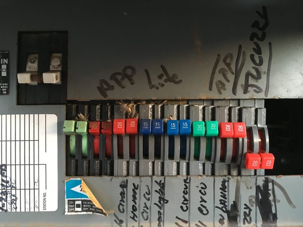 Electrical panel with labeled colored switches and handwritten notes on a dark wall