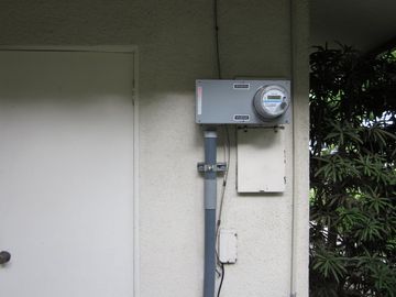 Outdoor electric meter box mounted on a wall beside a door and shrubbery