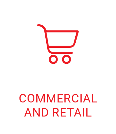 An icon of a shopping cart with the words `` commercial & retail '' below it.
