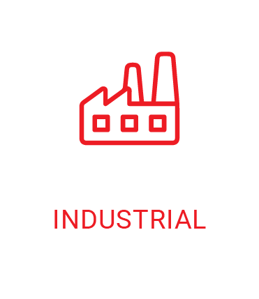 A red icon of a factory with the word industrial below it.
