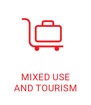 A red icon of a suitcase on a cart with the words `` mixed use and tourism '' below it.