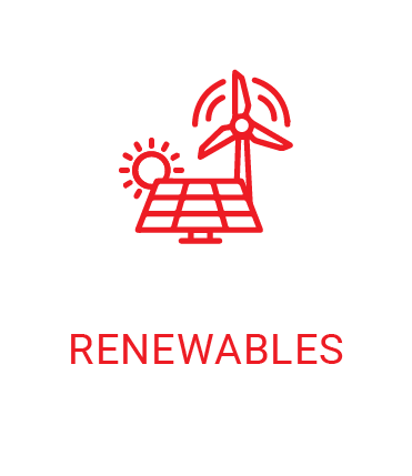 A red line icon of a windmill , solar panel , and sun.