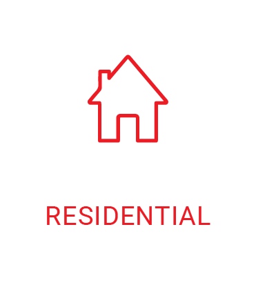 A red line icon of a house with the word residential below it.