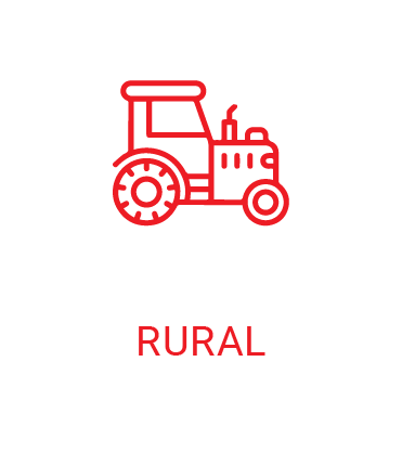 A red line icon of a tractor with the word rural below it.