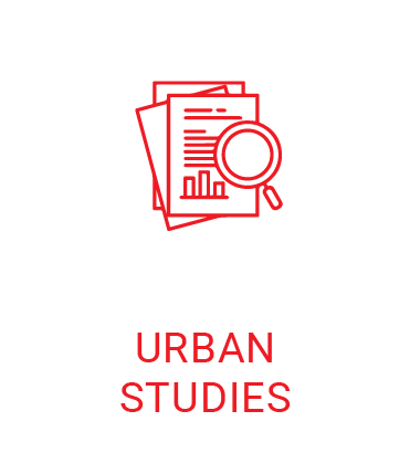 An icon for urban studies with a magnifying glass and a stack of papers.