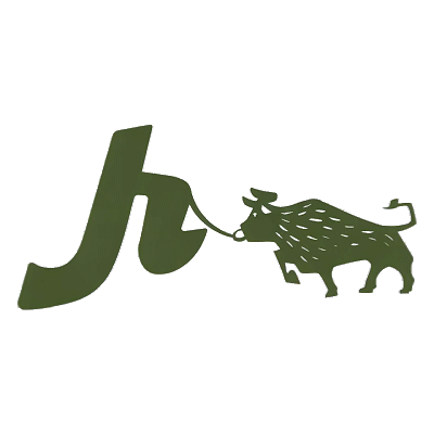 A dark olive green logo depicting the lowercase letter "h" attached by a thin tether to a stylized, walking bull.