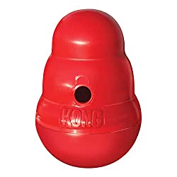 Red Kong dog toy with a round bottom, a bulbous top, and a hole in the side.