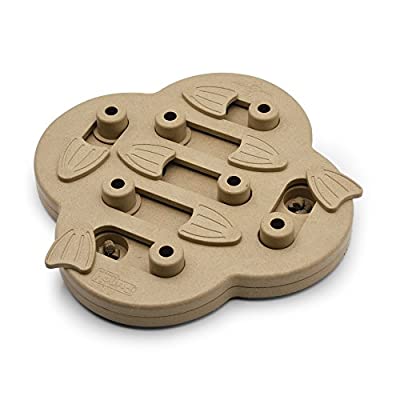 Tan dog puzzle toy with sliding levers and food compartments.