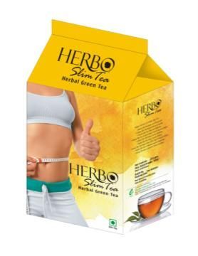 A box of herbo slim tea with a woman measuring her waist