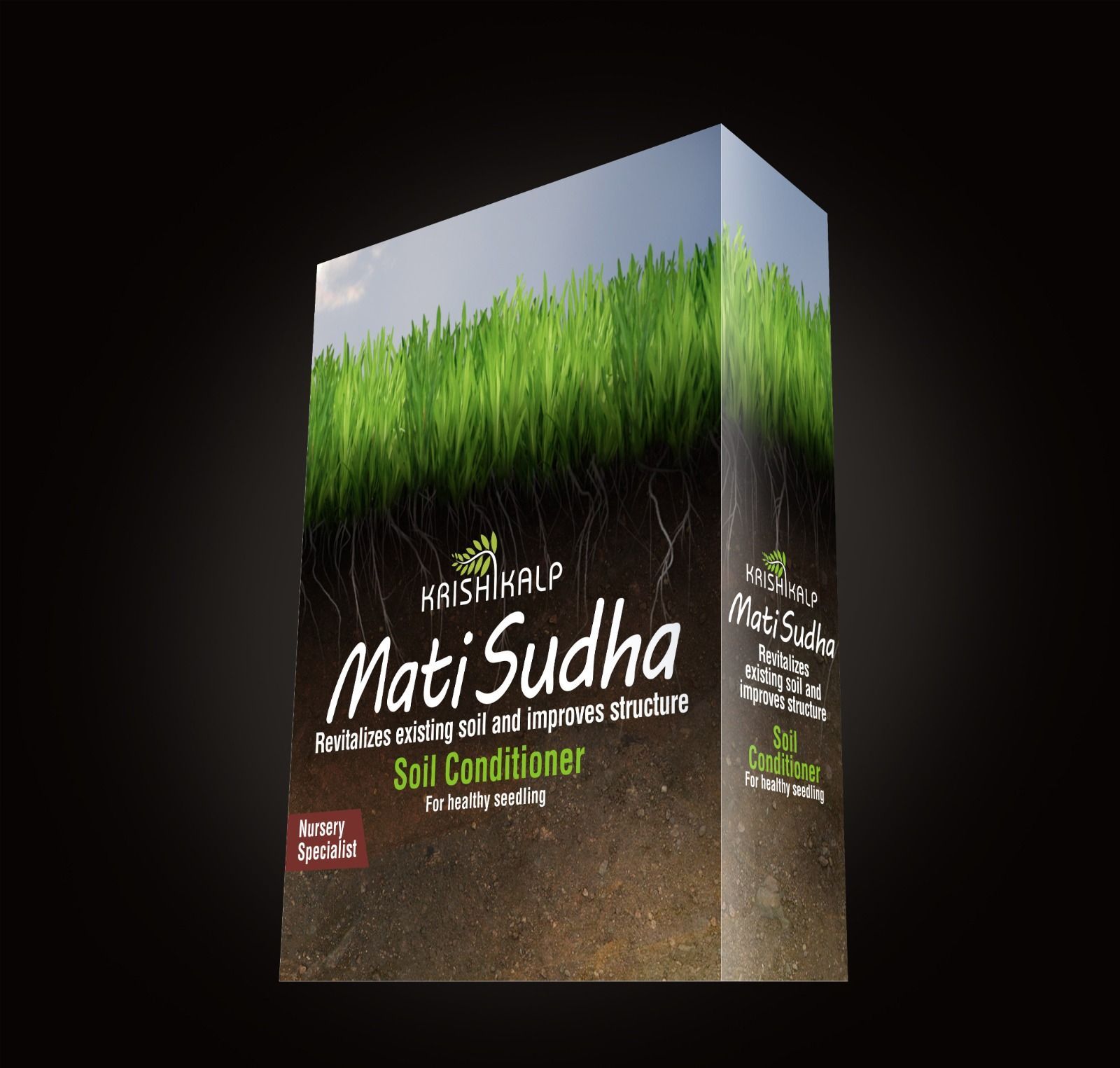 A box of mati sudha soil conditioner on a black background