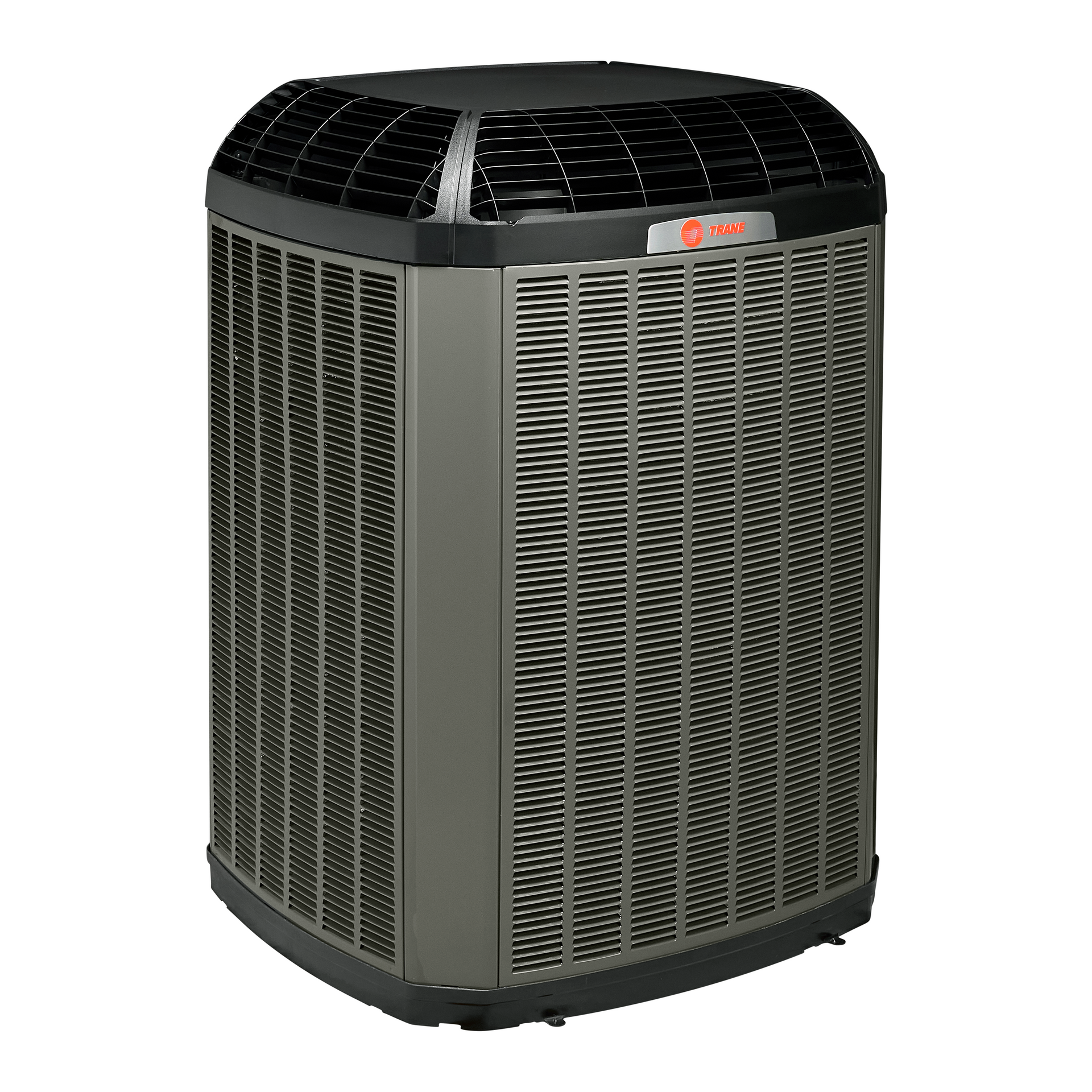 Gray outdoor air conditioner unit with black top vents