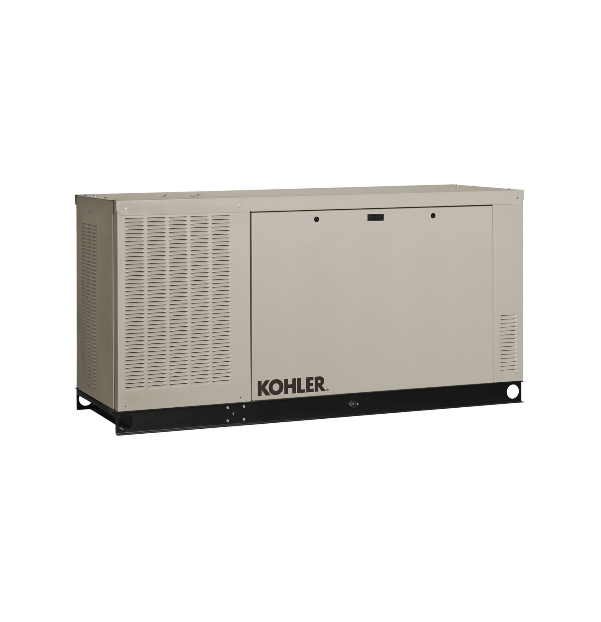 Beige Kohler backup generator on a black base, isolated on white background