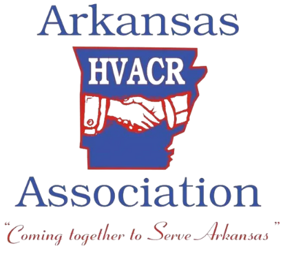 Arkansas HVACR Association logo with handshake inside Arkansas outline and slogan “Coming together to Serve Arkansas”
