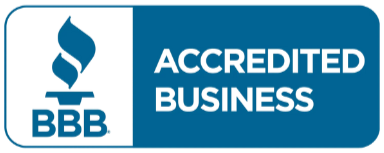BBB Accredited Business logo in blue and white with torch icon
