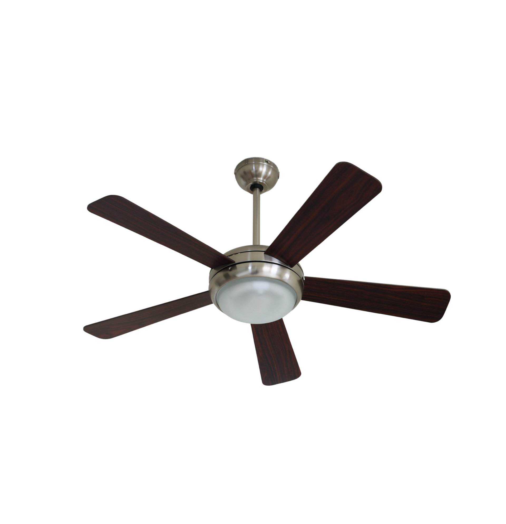 Ceiling fan with five dark wooden blades and a frosted light fixture on a white background