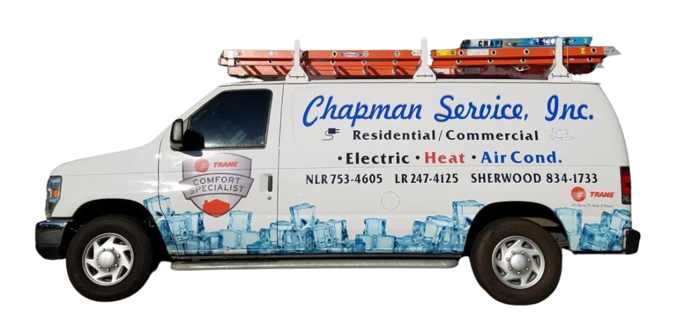 White Chapman Service, Inc. HVAC van with ladder rack and red equipment
