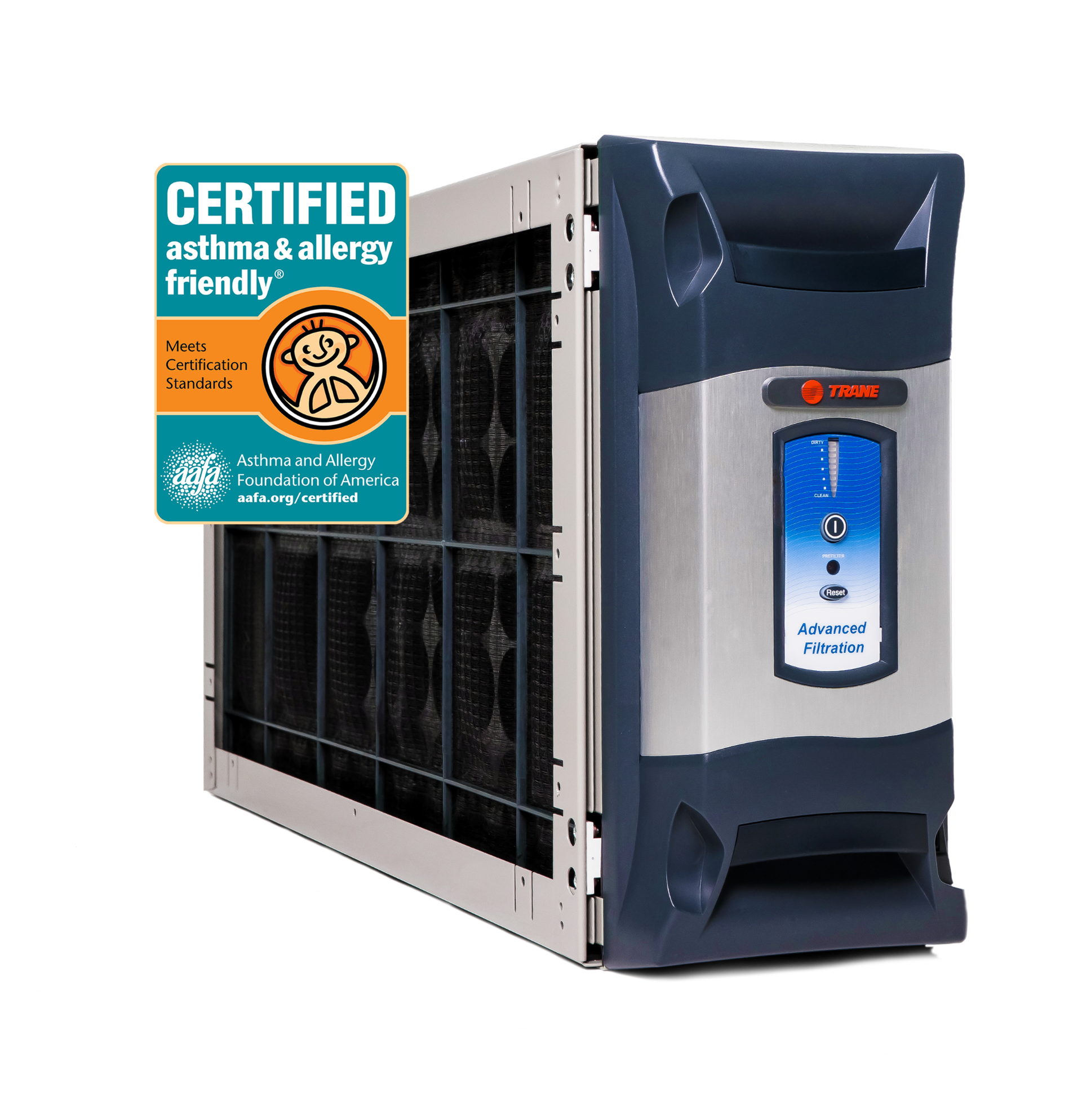 Blue and black Honeywell air purifier with certified asthma and allergy friendly label
