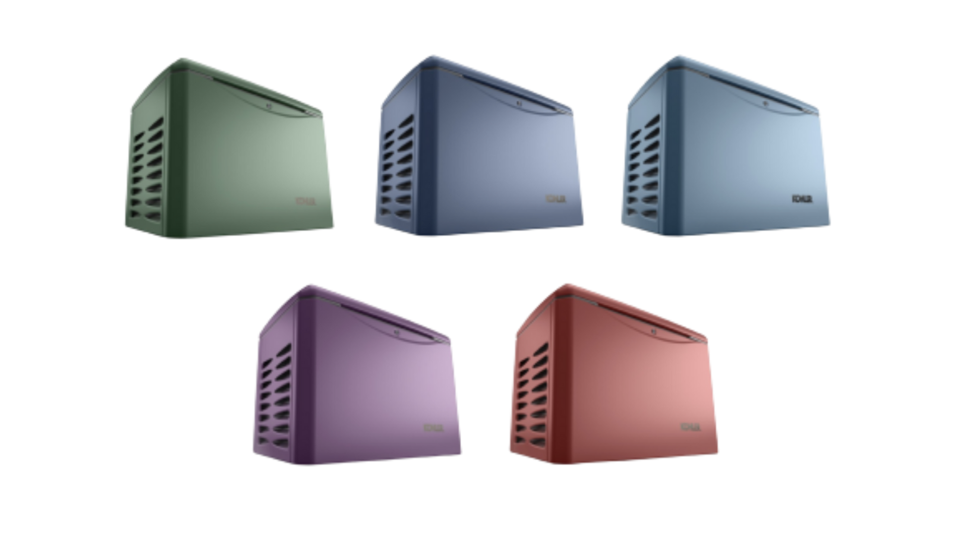 Five colorful 3D computer server icons in green, blue, light blue, purple, and red on a white background
