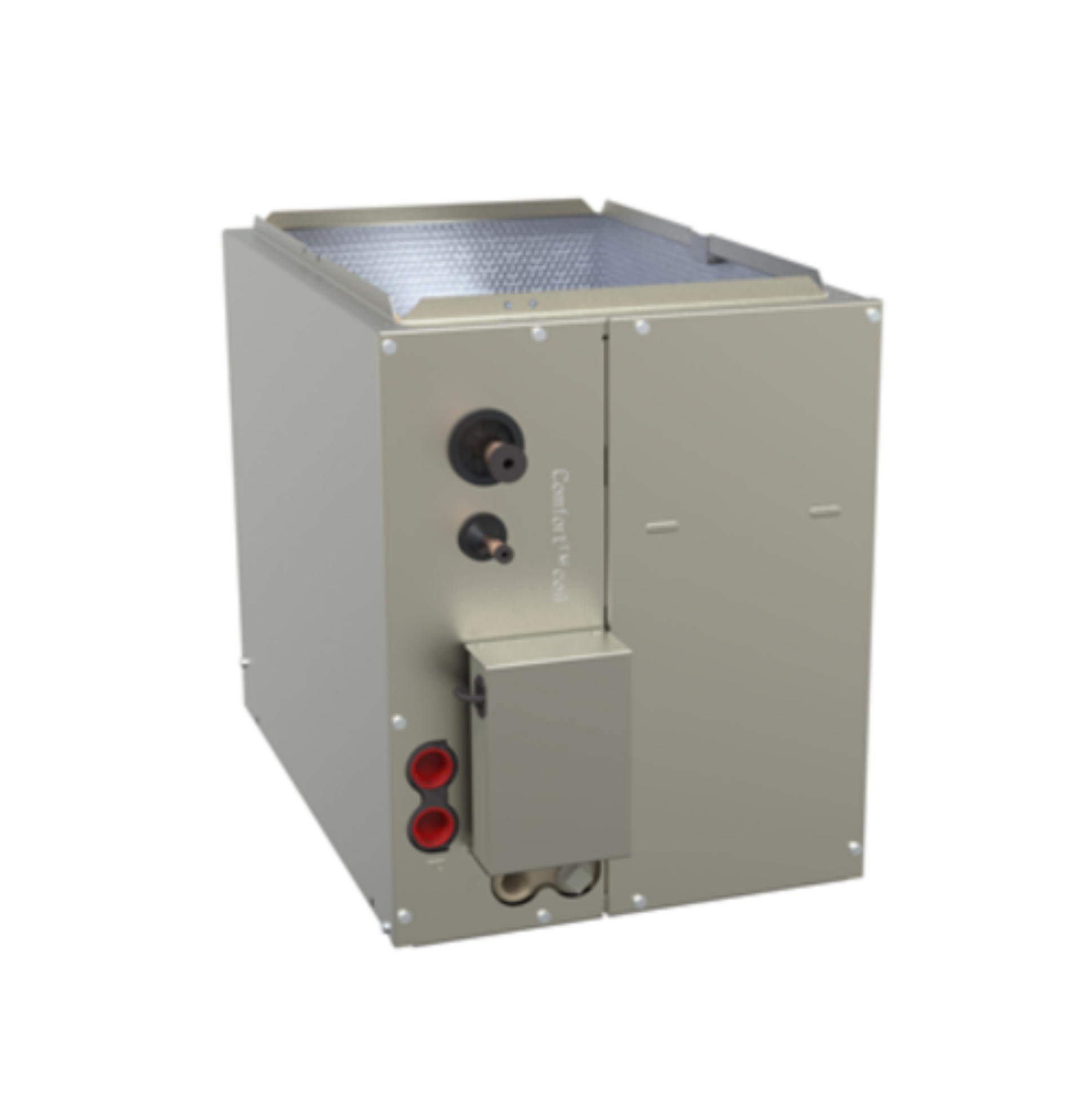 Gray industrial HVAC unit with vents and red connectors on a white background