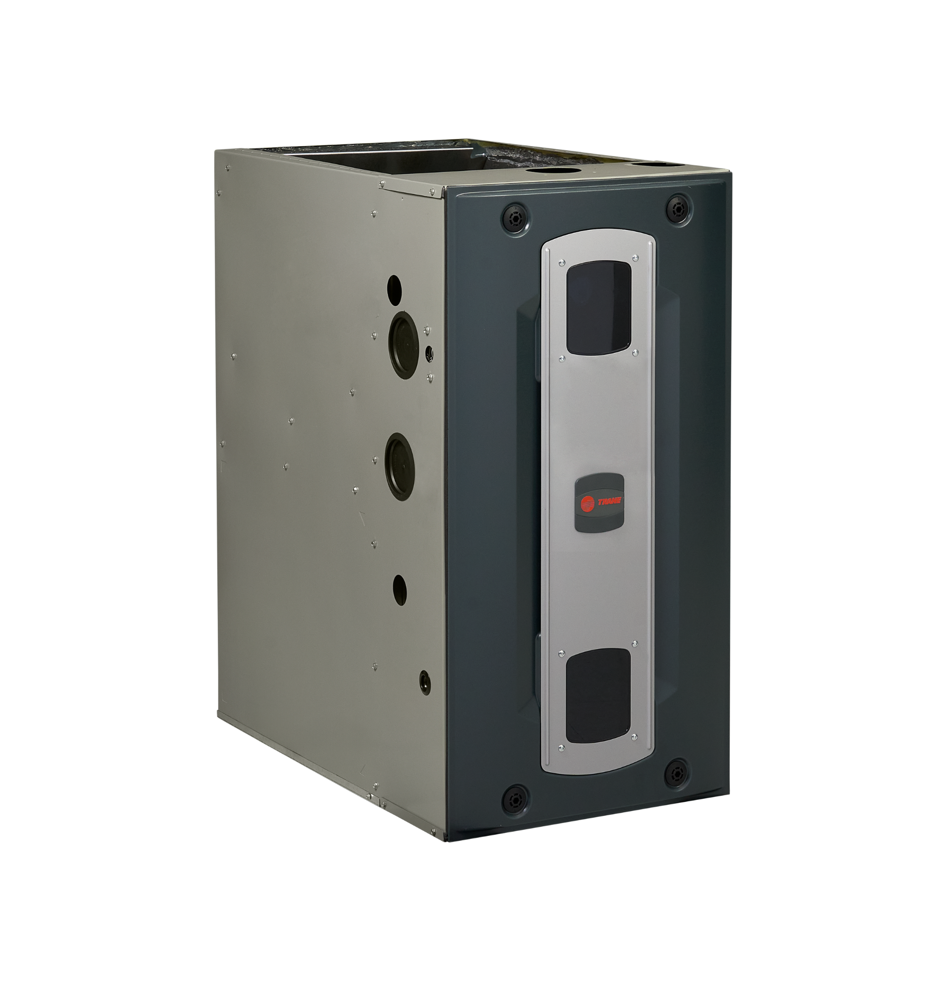 Gray metal electronic device with black front panel and rectangular display opening
