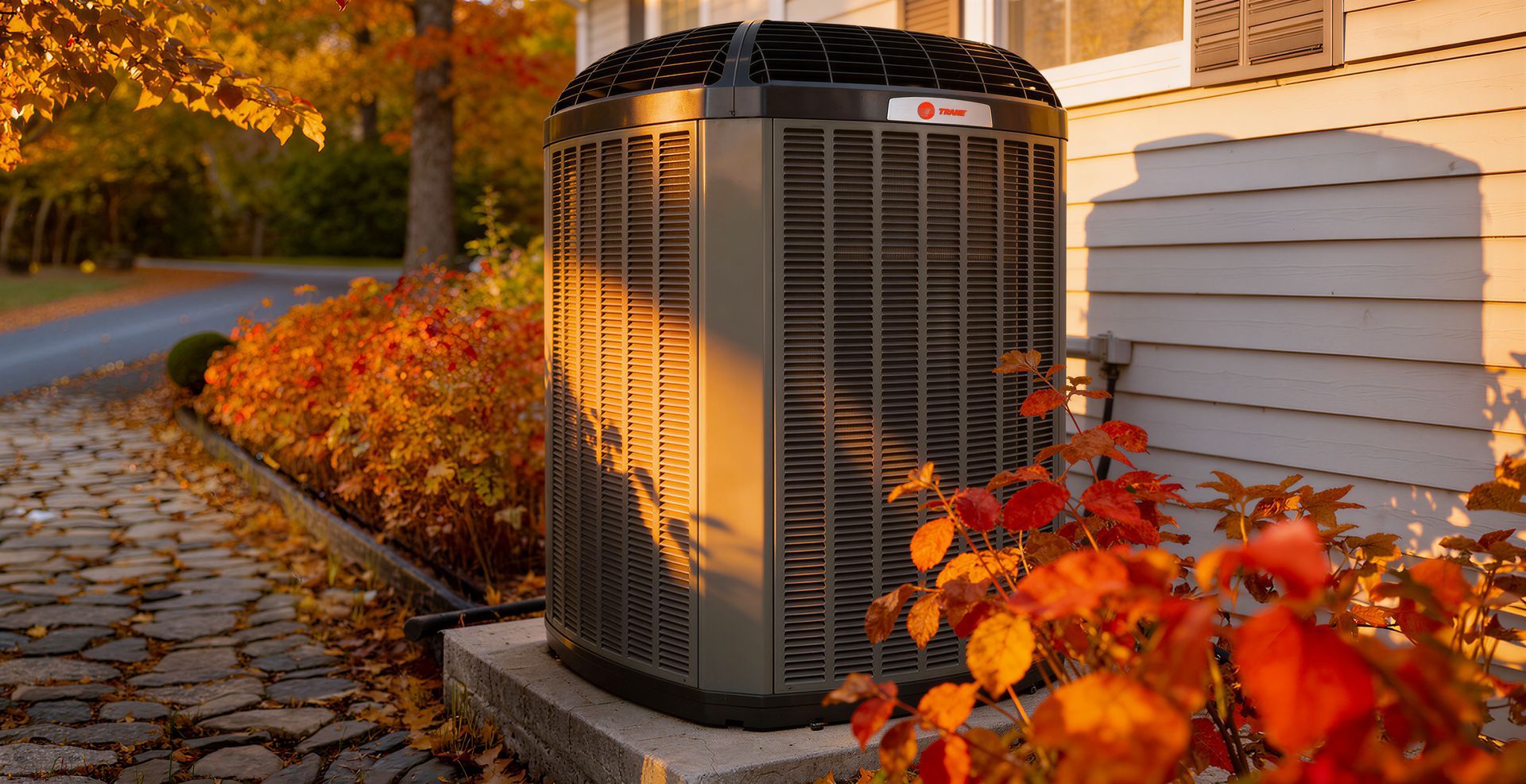 Outdoor HVAC unit beside stacked white panels and autumn leaves on a cobblestone path