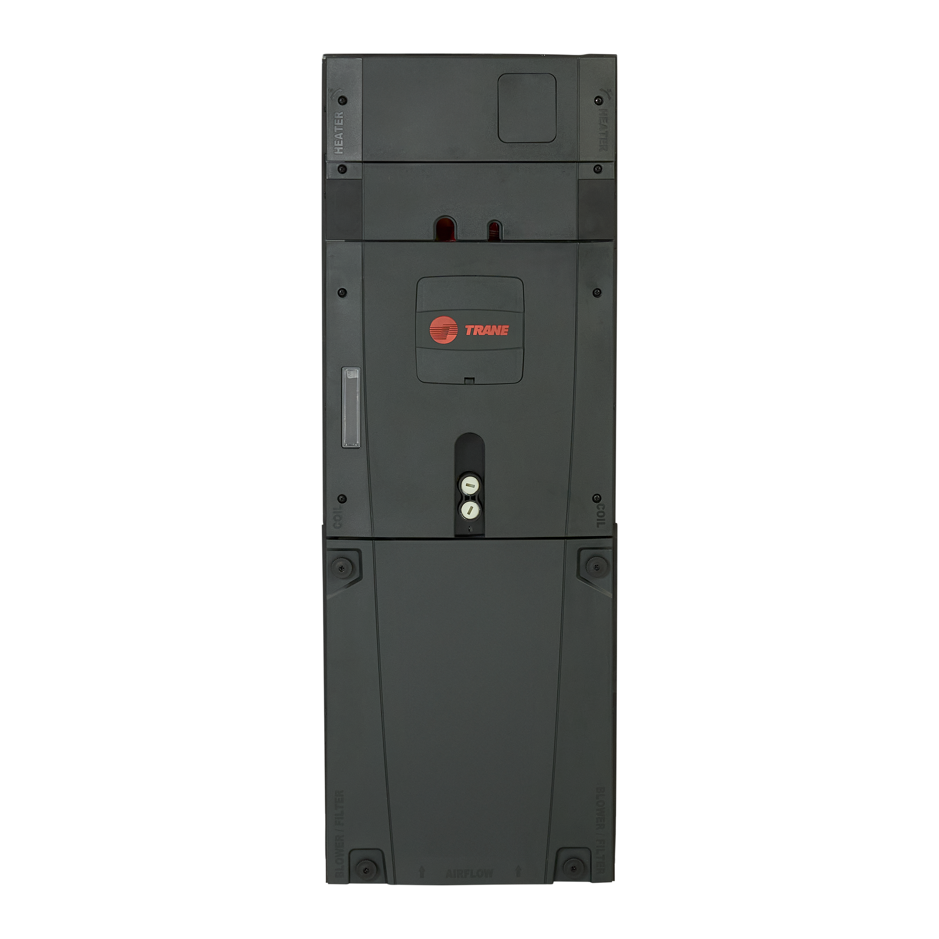 Tall black electronic device with a red logo and central control panel, shown front view