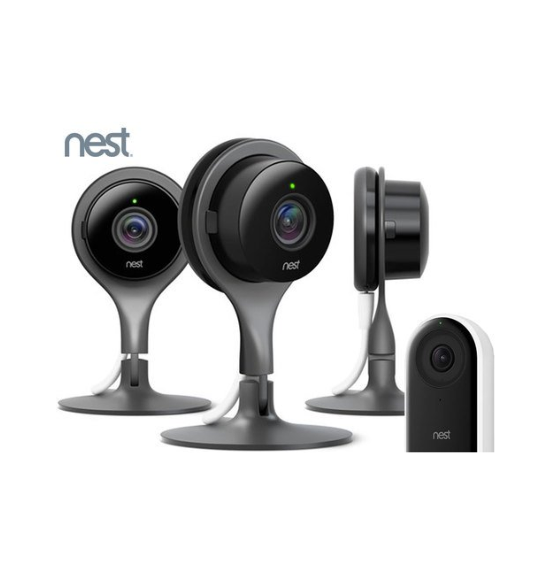 Nest security cameras and doorbell in black and silver on a white background