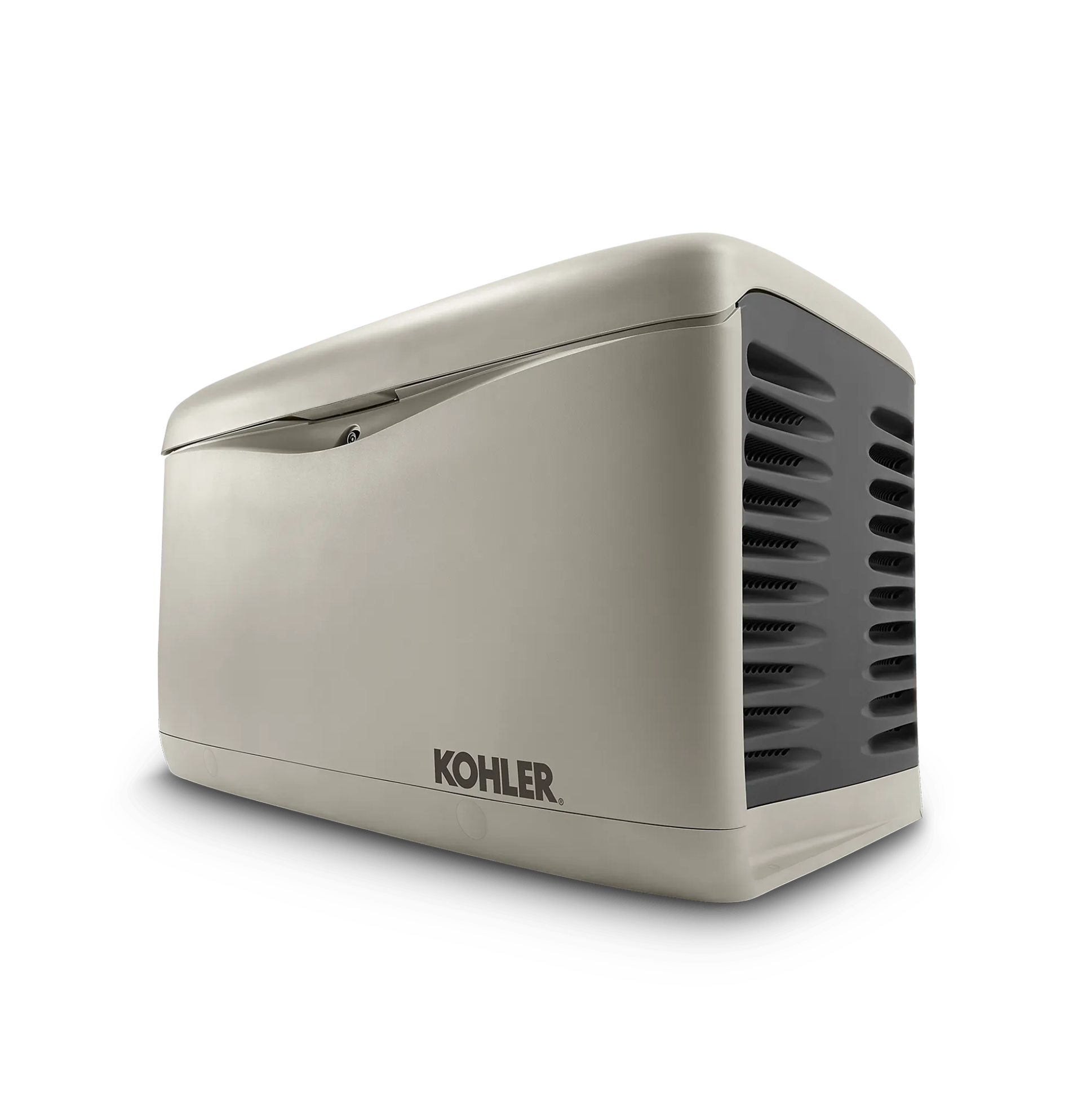Beige Kohler portable generator with black vented side panel on a white background