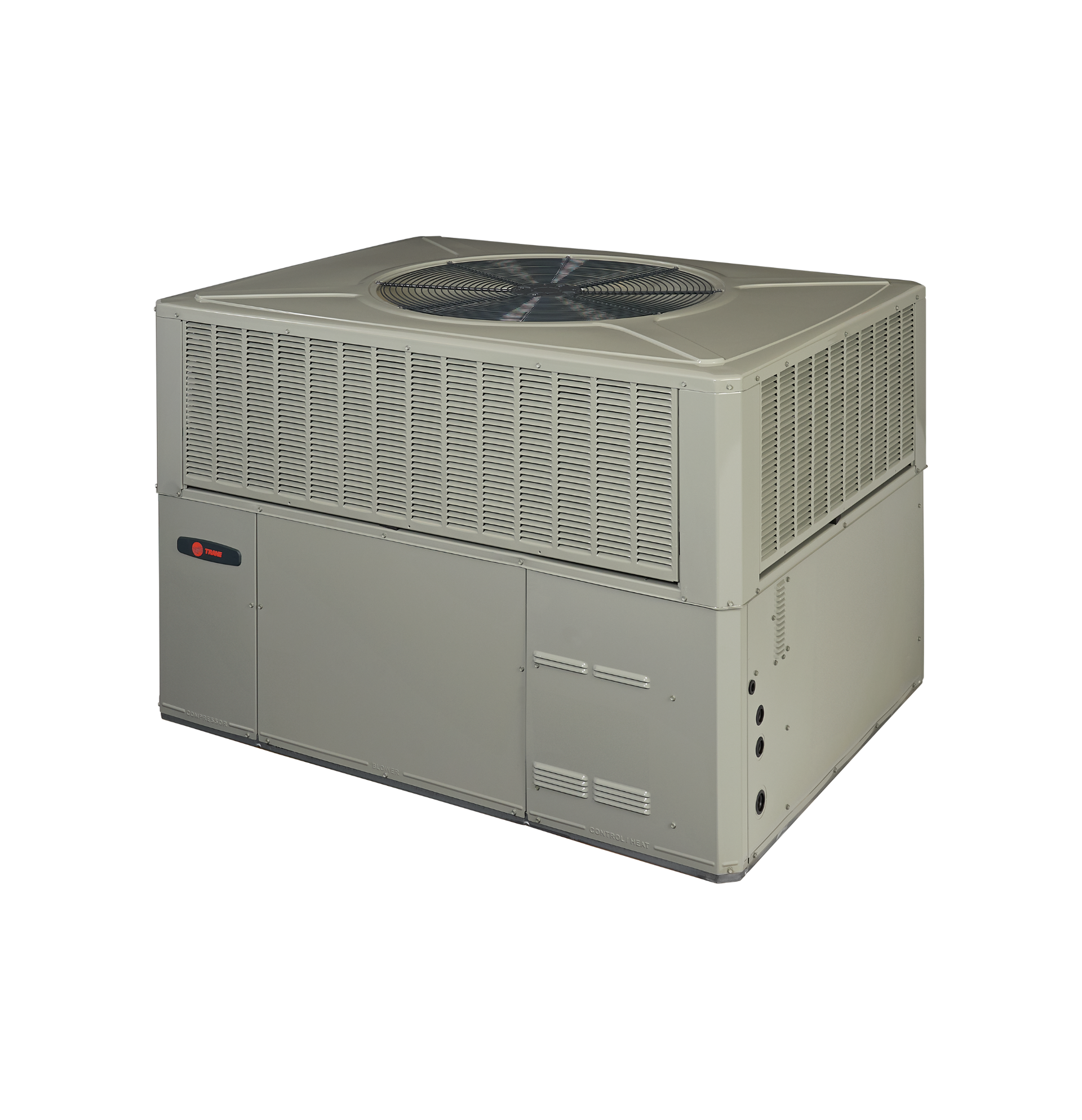 Beige rooftop HVAC unit with a top-mounted fan and vented sides