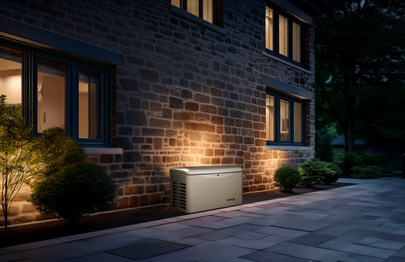 Lit house exterior at dusk with a wall-mounted air conditioner under a window